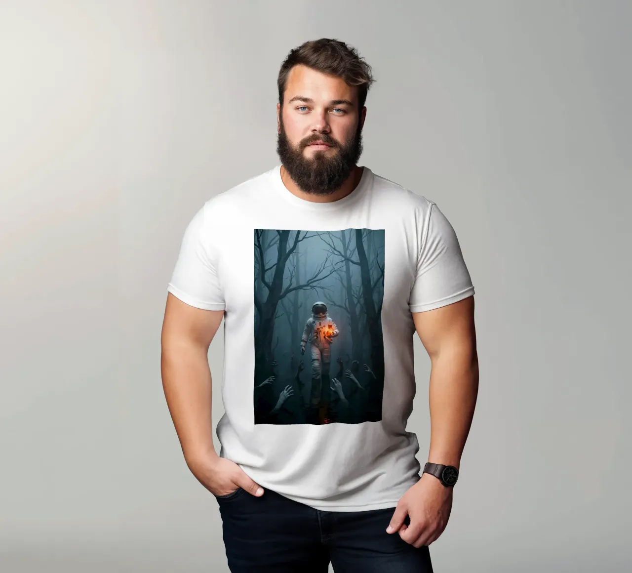 Astronauta in una foresta infestata con in mano un cuore luminoso t-shirt da Cosmic Reverie Creations