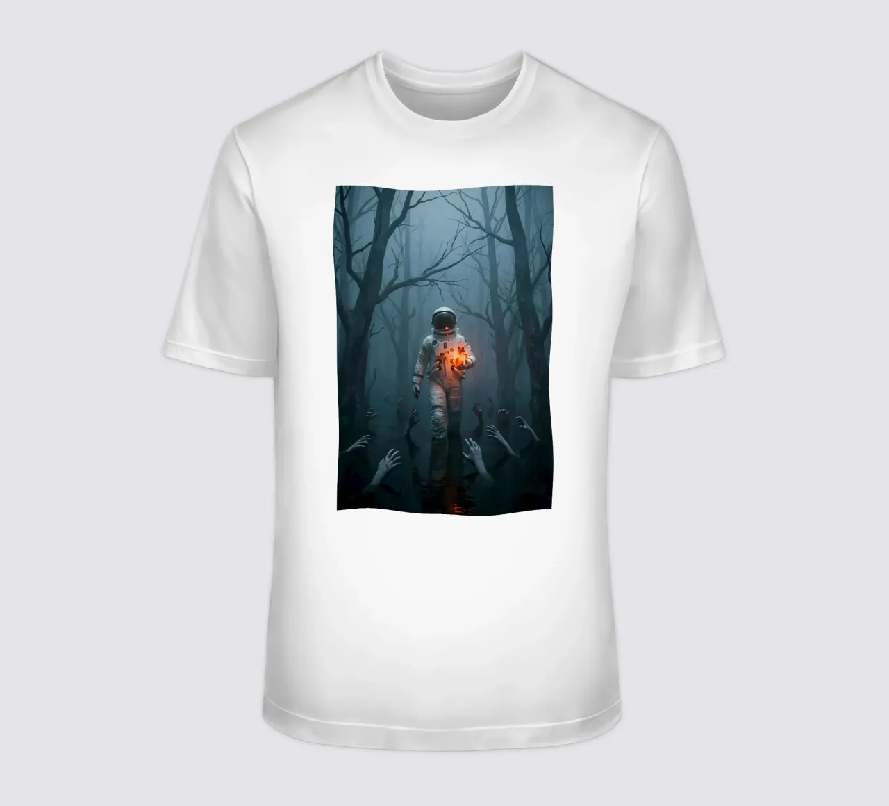 Astronauta in una foresta infestata con in mano un cuore luminoso t-shirt da Cosmic Reverie Creations