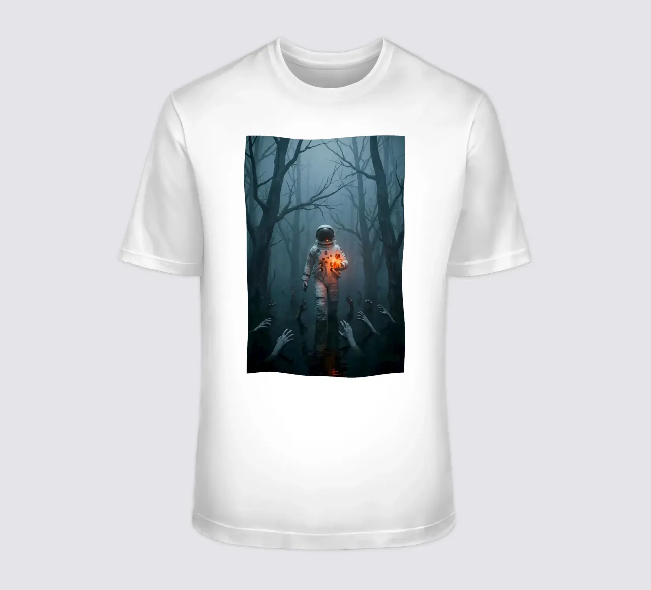 Astronauta in una foresta infestata con in mano un cuore luminoso t-shirt da Cosmic Reverie Creations