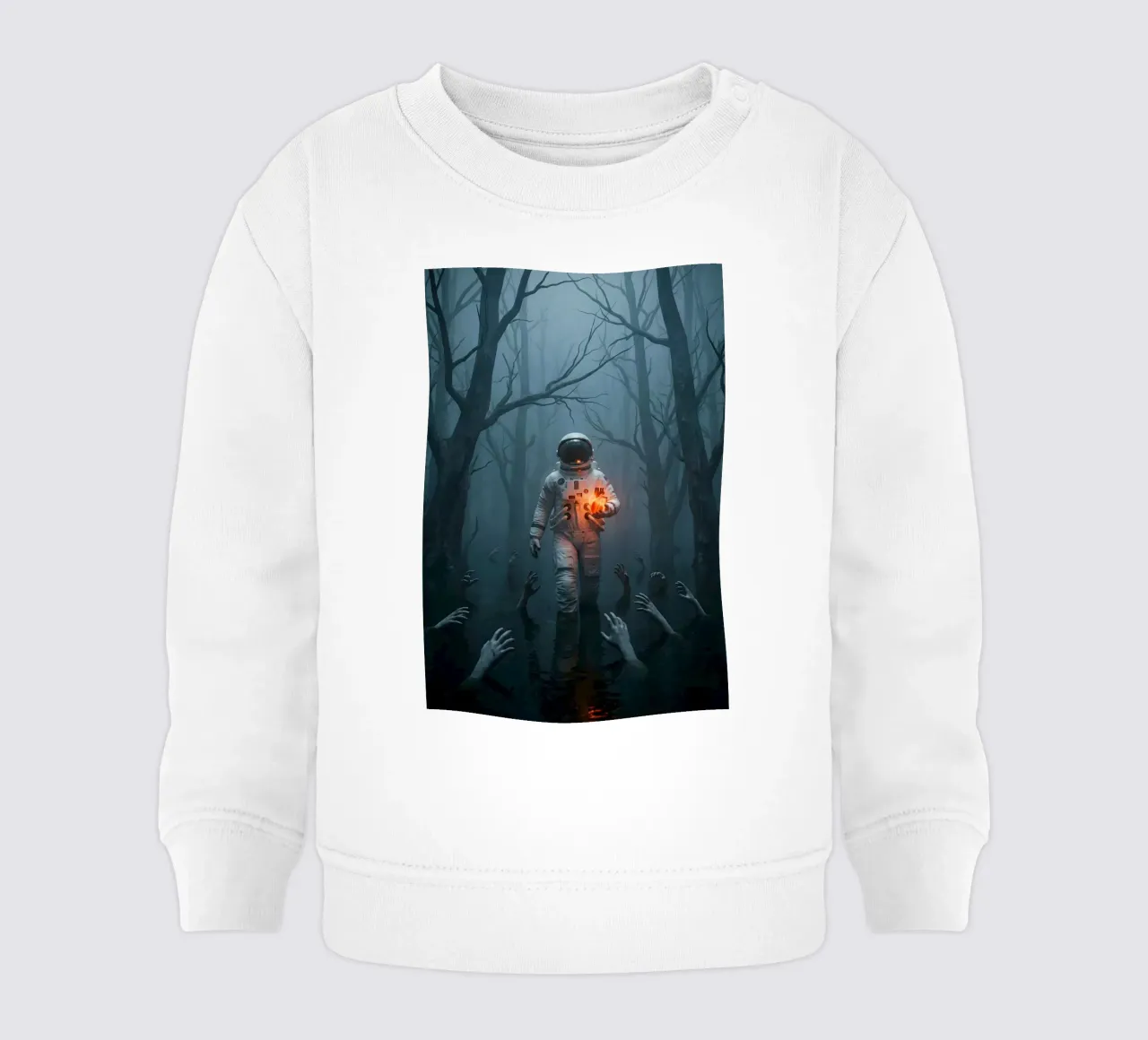 Astronauta in una foresta infestata con in mano un cuore luminoso felpa neonato da Cosmic Reverie Creations