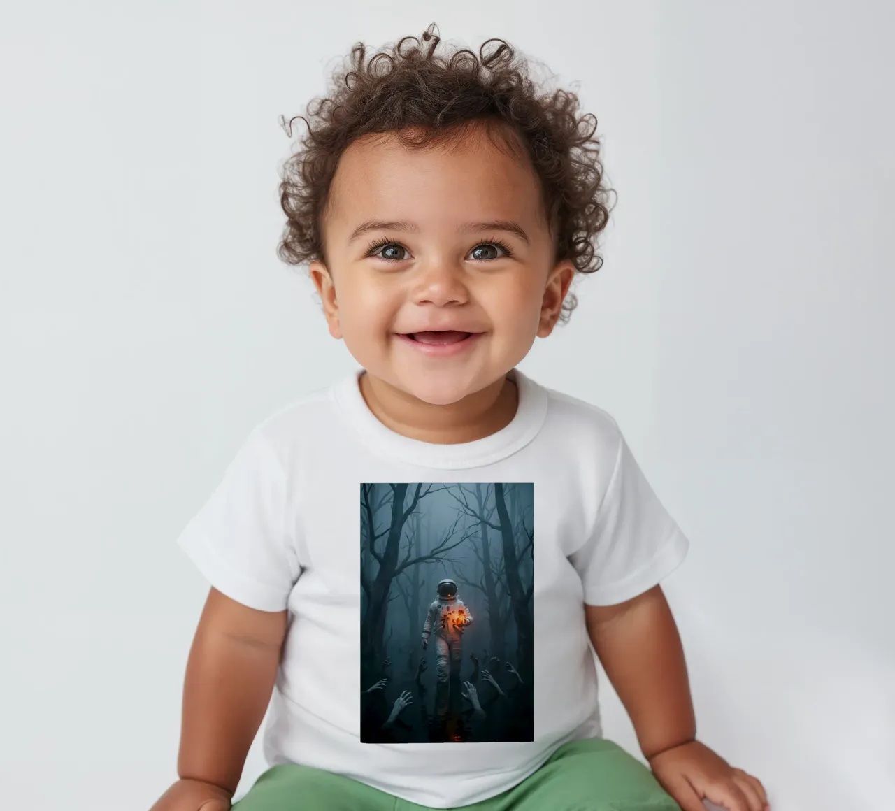 Astronauta in una foresta infestata con in mano un cuore luminoso maglietta neonato da Cosmic Reverie Creations