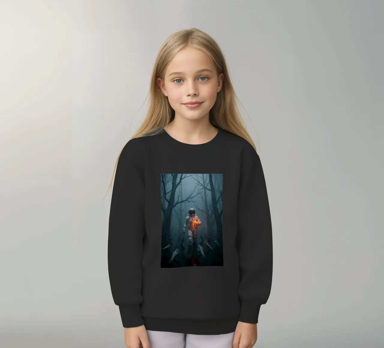 Astronauta in una foresta infestata con in mano un cuore luminoso felpa bambino da Cosmic Reverie Creations