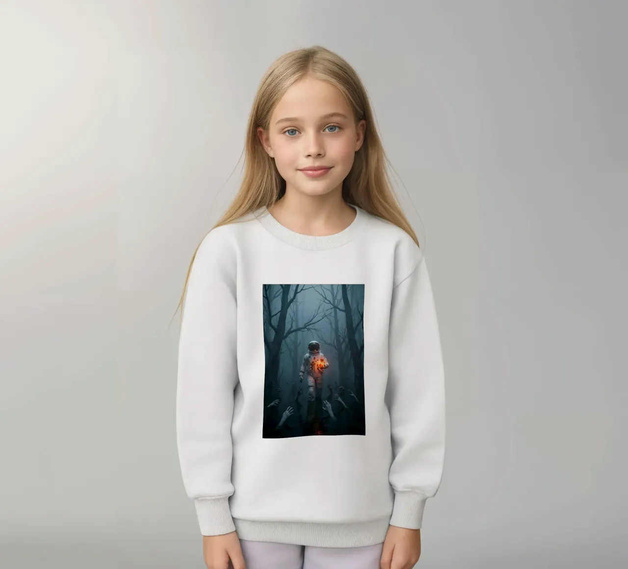 Astronauta in una foresta infestata con in mano un cuore luminoso felpa bambino da Cosmic Reverie Creations