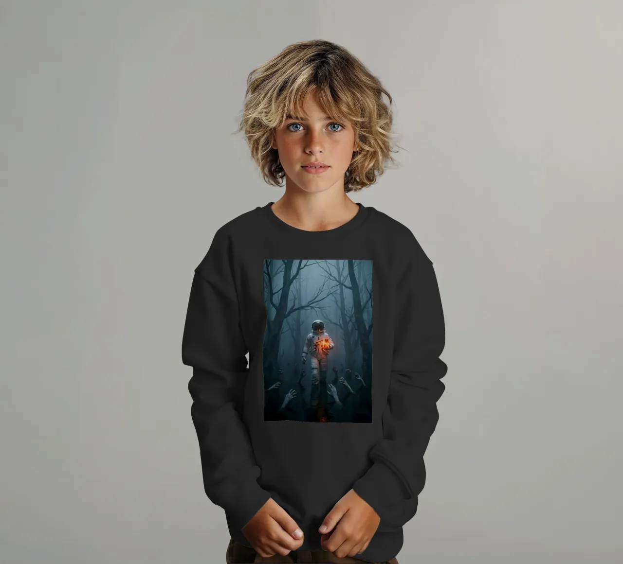 Astronauta in una foresta infestata con in mano un cuore luminoso felpa bambino da Cosmic Reverie Creations