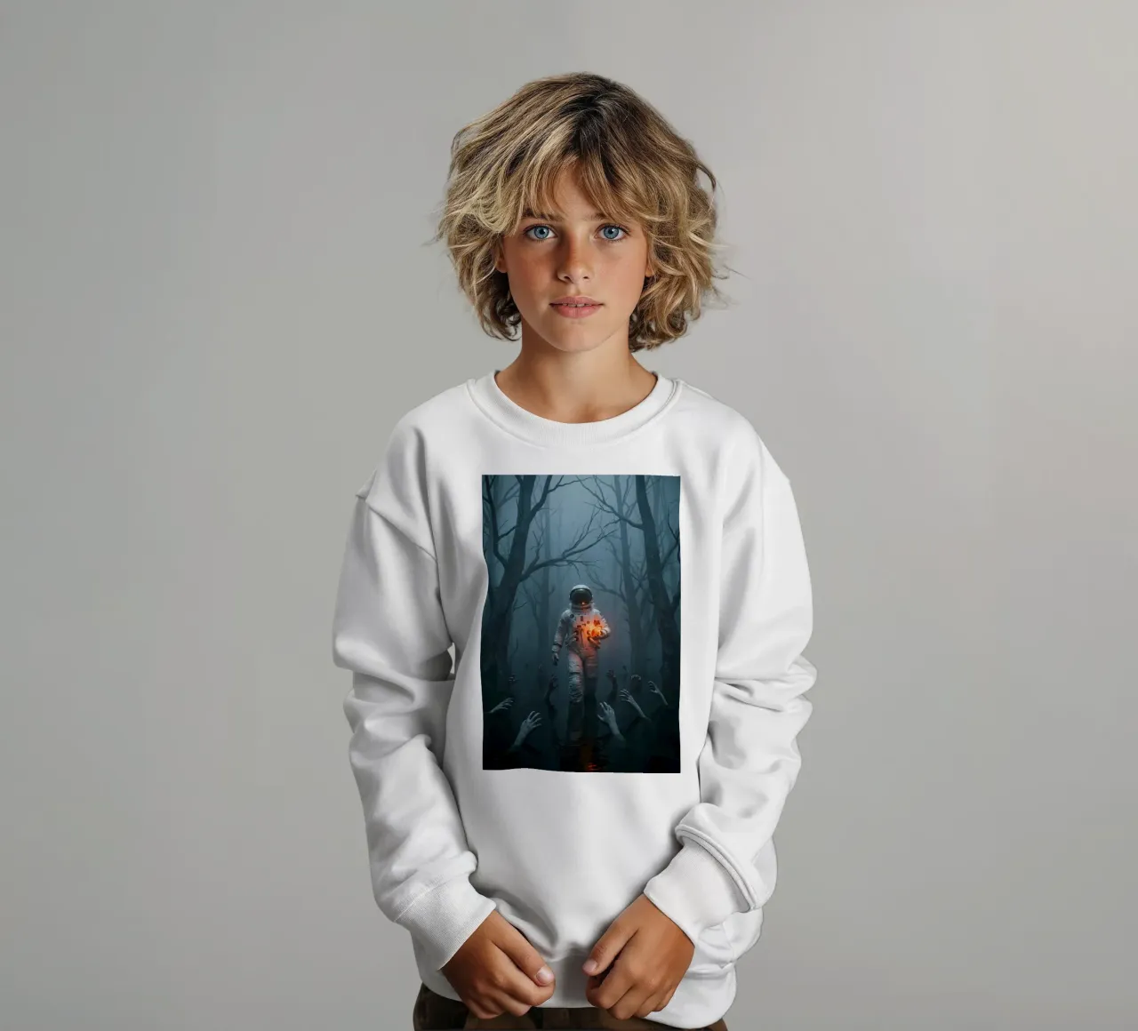 Astronauta in una foresta infestata con in mano un cuore luminoso felpa bambino da Cosmic Reverie Creations