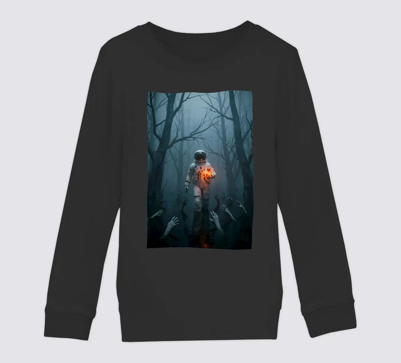 Astronauta in una foresta infestata con in mano un cuore luminoso felpa bambino da Cosmic Reverie Creations