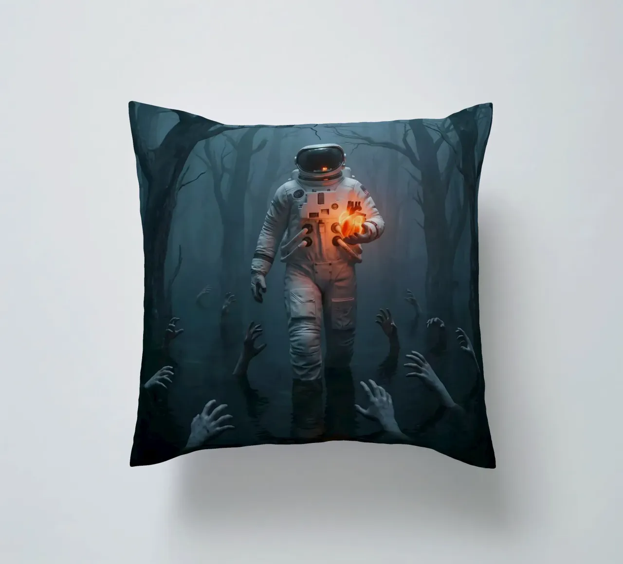 Astronauta in una foresta infestata con in mano un cuore luminoso cuscino da Cosmic Reverie Creations