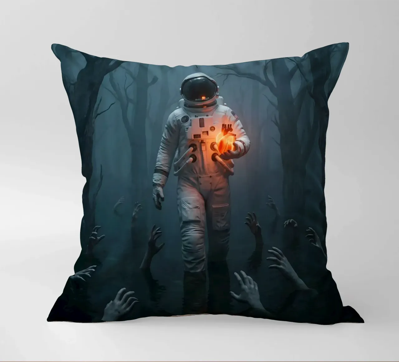 Astronauta in una foresta infestata con in mano un cuore luminoso cuscino da Cosmic Reverie Creations