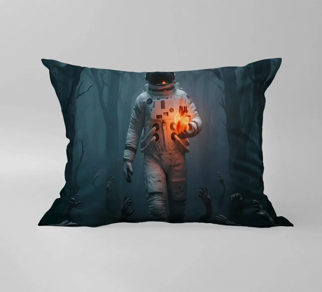Astronauta in una foresta infestata con in mano un cuore luminoso cuscino da Cosmic Reverie Creations