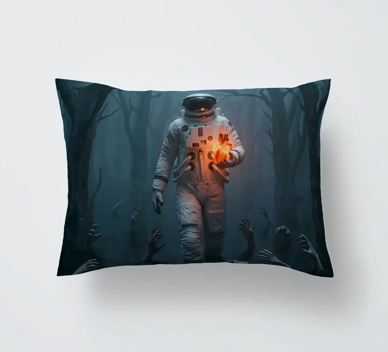Astronauta in una foresta infestata con in mano un cuore luminoso cuscino da Cosmic Reverie Creations