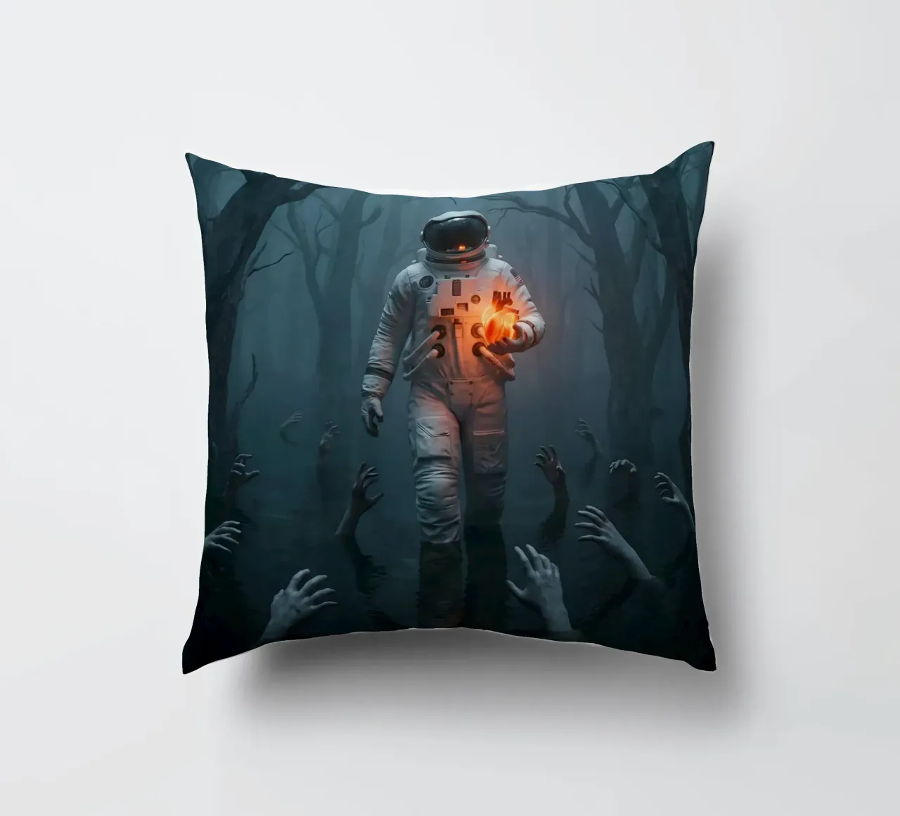 Astronauta in una foresta infestata con in mano un cuore luminoso cuscino da Cosmic Reverie Creations