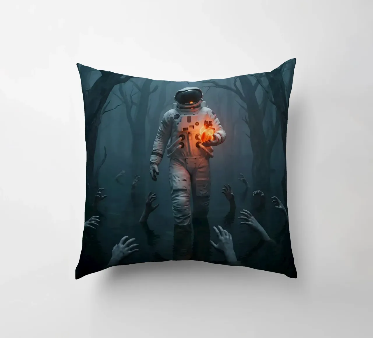 Astronauta in una foresta infestata con in mano un cuore luminoso cuscino da Cosmic Reverie Creations