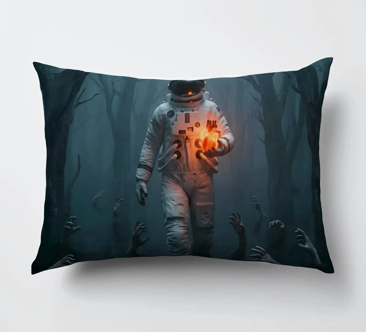 Astronauta in una foresta infestata con in mano un cuore luminoso cuscino da Cosmic Reverie Creations