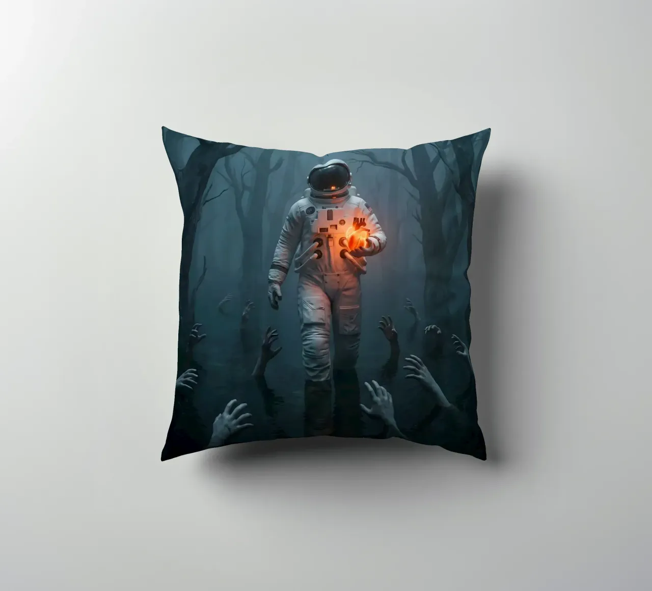 Astronauta in una foresta infestata con in mano un cuore luminoso cuscino da Cosmic Reverie Creations