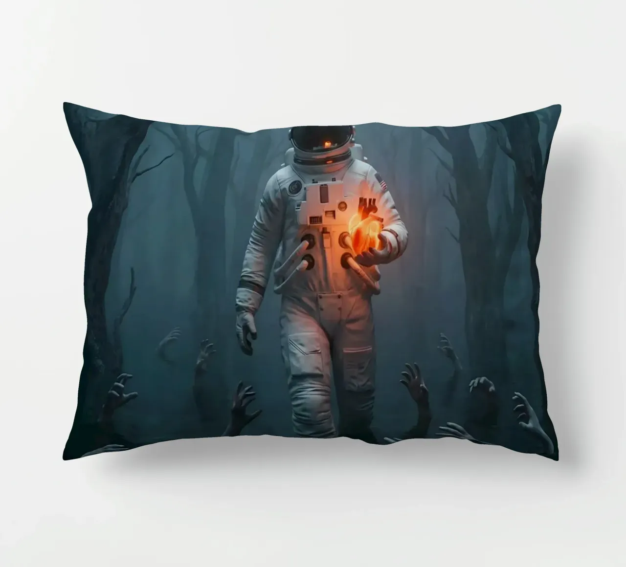 Astronauta in una foresta infestata con in mano un cuore luminoso cuscino da Cosmic Reverie Creations
