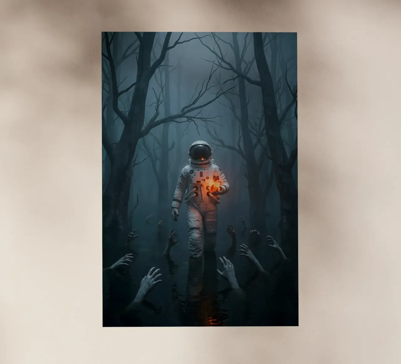 Astronauta in una foresta infestata con in mano un cuore luminoso pellicola backlit da Cosmic Reverie Creations