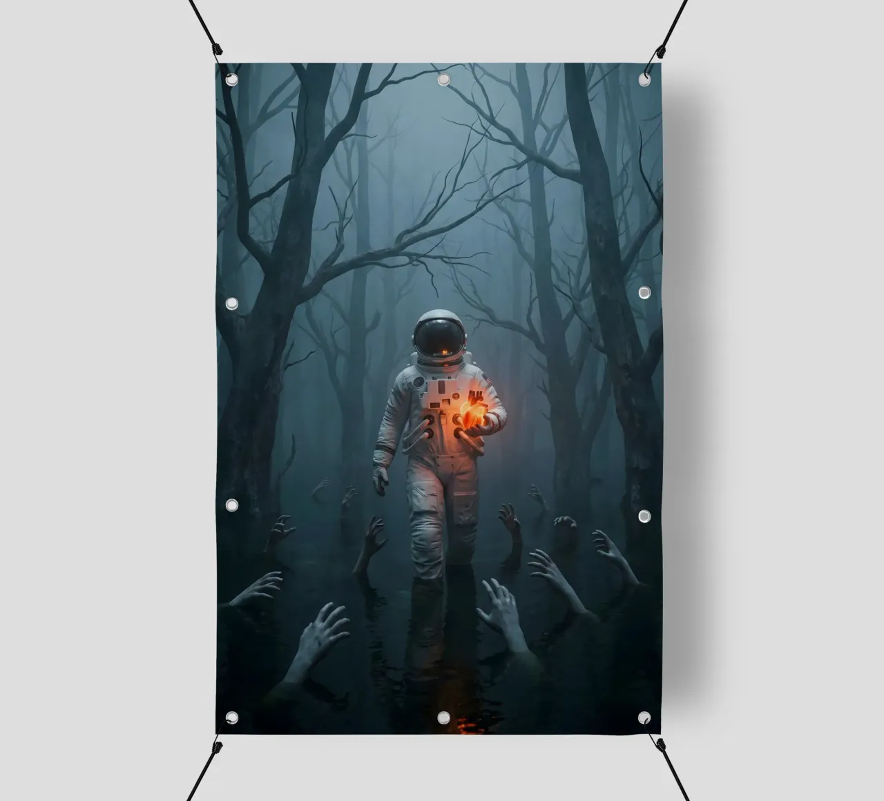 Astronauta in una foresta infestata con in mano un cuore luminoso telo in pvc da Cosmic Reverie Creations