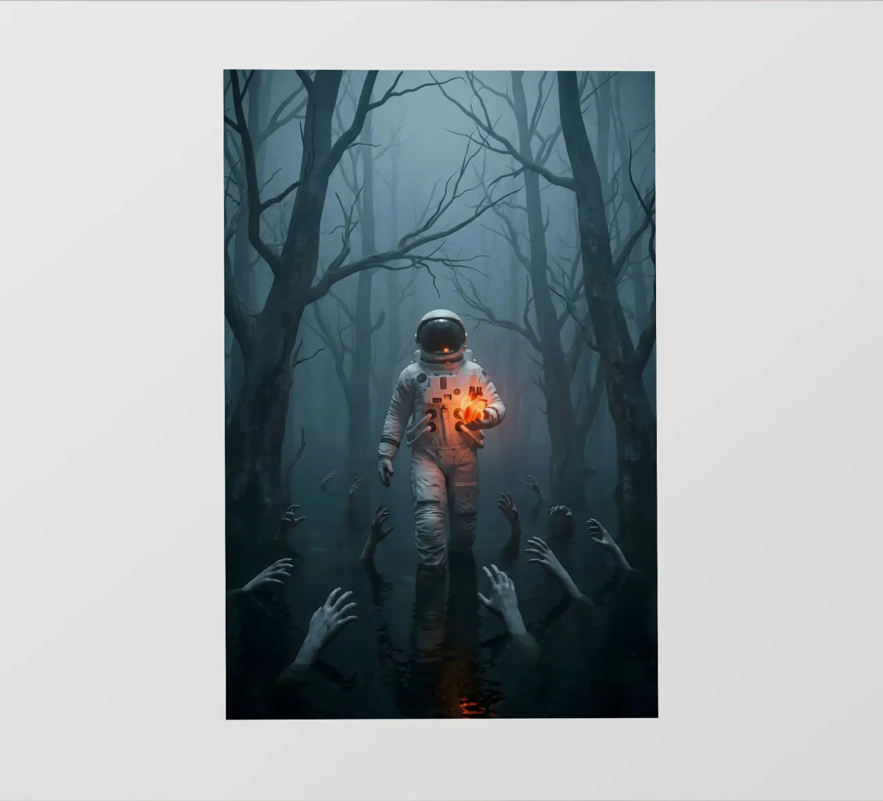 Astronauta in una foresta infestata con in mano un cuore luminoso telo in pvc da Cosmic Reverie Creations