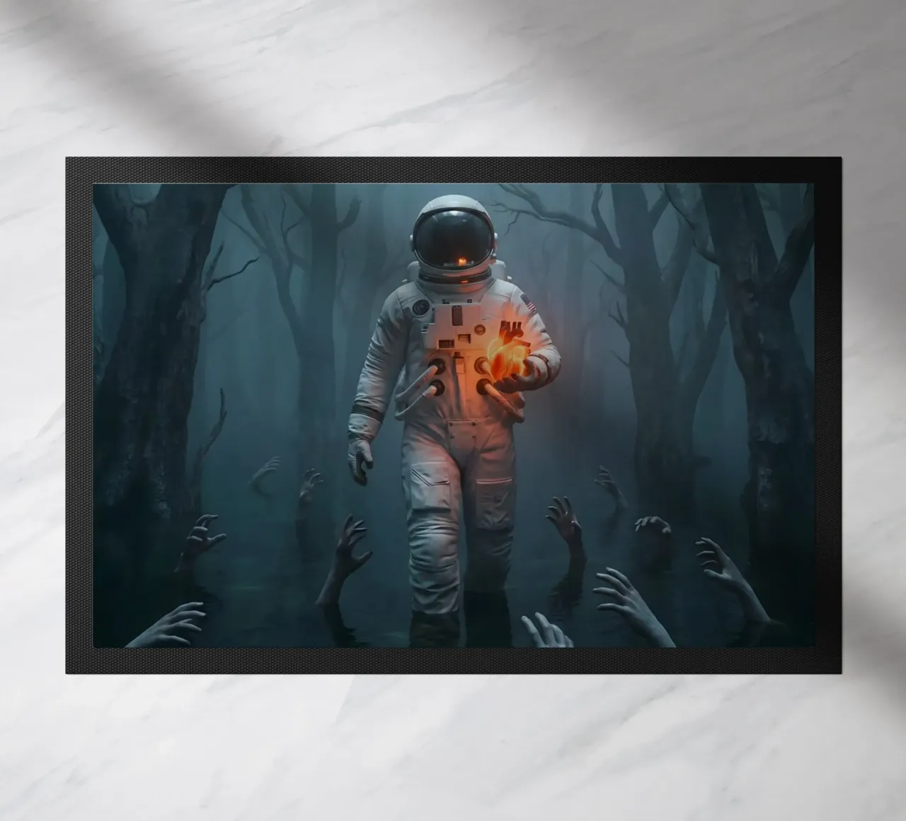 Astronauta in una foresta infestata con in mano un cuore luminoso zerbino da Cosmic Reverie Creations