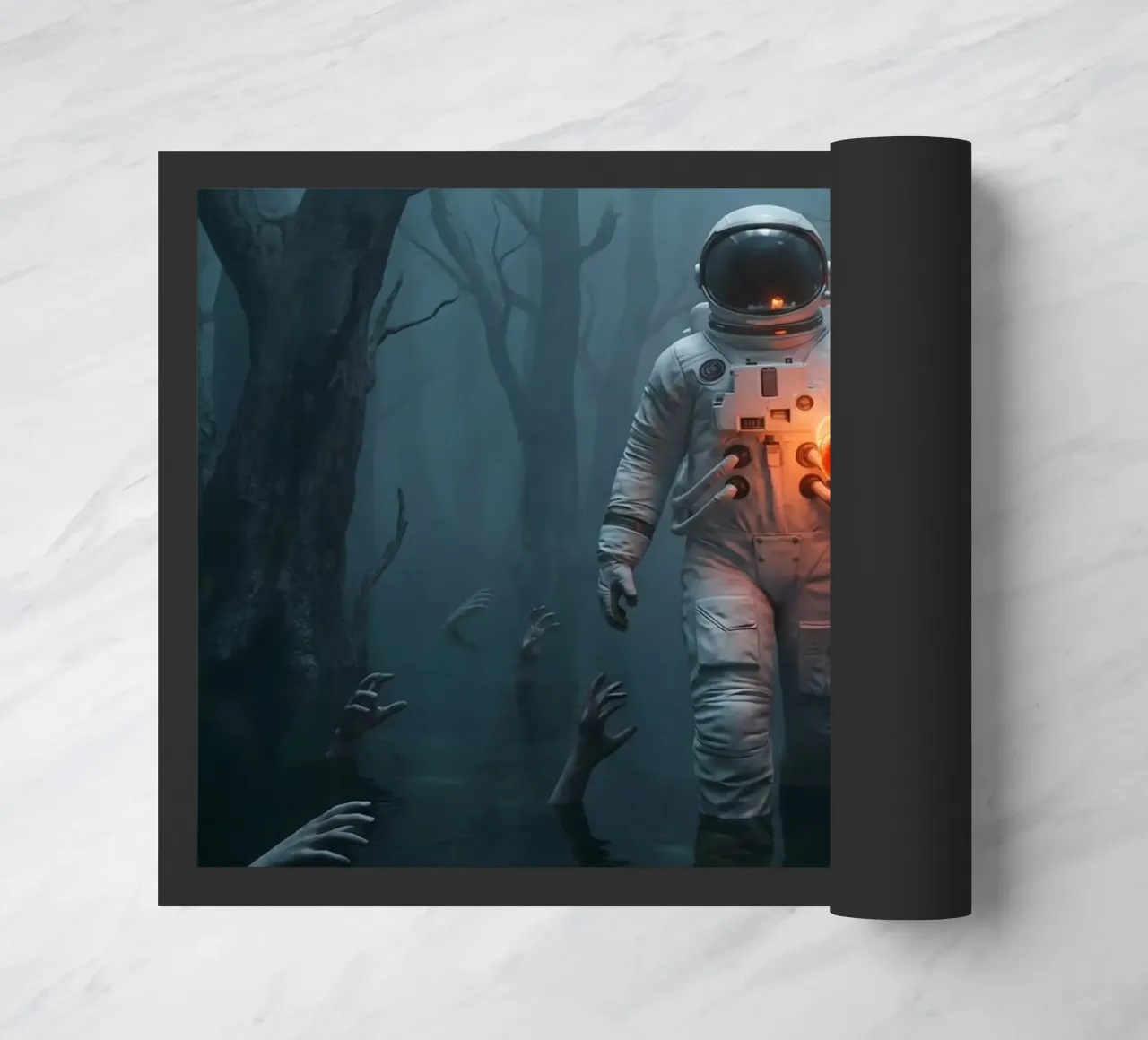 Astronauta in una foresta infestata con in mano un cuore luminoso zerbino da Cosmic Reverie Creations