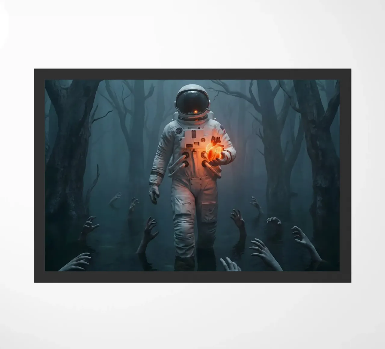 Astronauta in una foresta infestata con in mano un cuore luminoso zerbino da Cosmic Reverie Creations