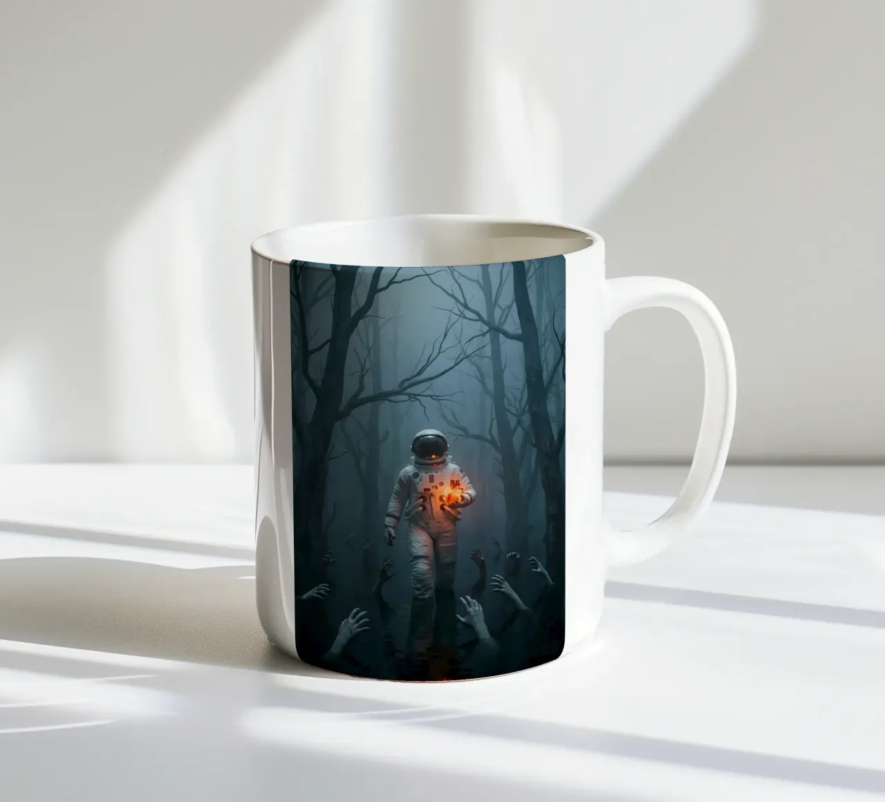 Astronauta in una foresta infestata con in mano un cuore luminoso tazza in ceramica da Cosmic Reverie Creations