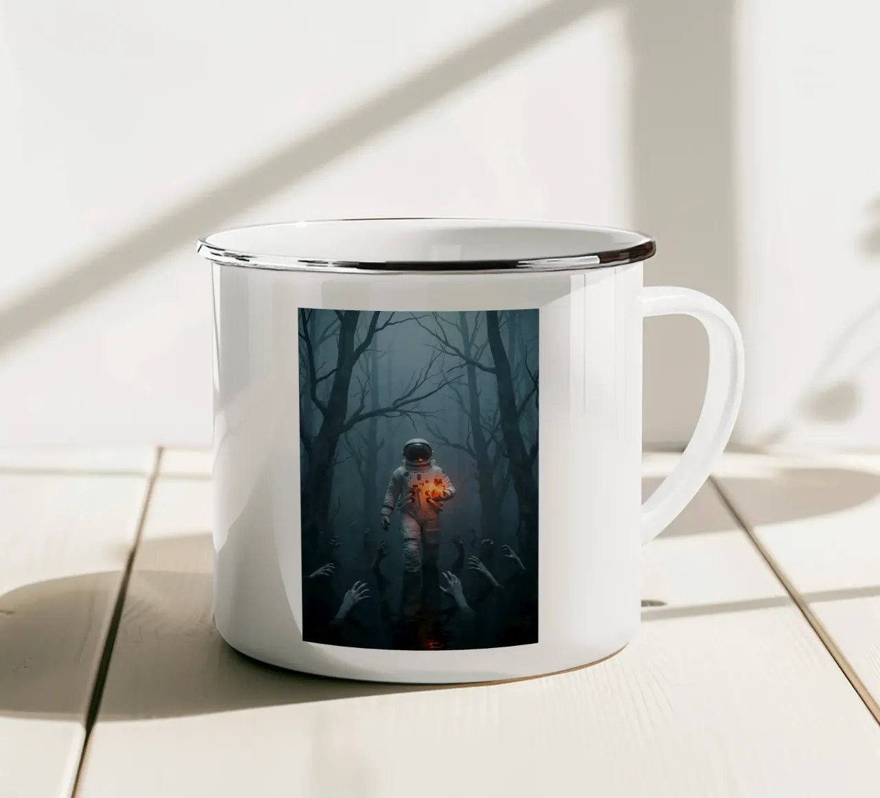 Astronauta in una foresta infestata con in mano un cuore luminoso tazza in smalto da Cosmic Reverie Creations