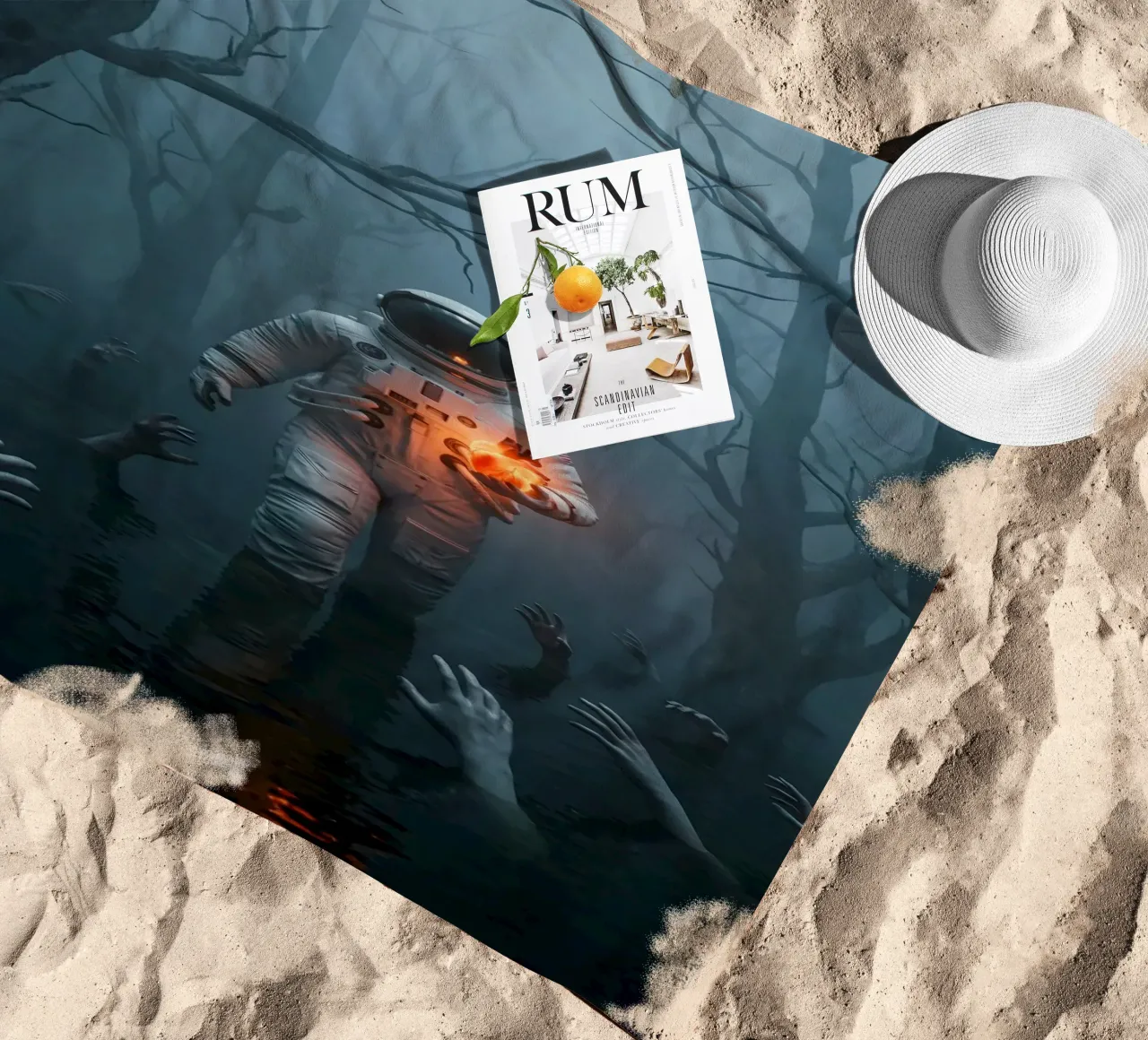 Astronauta in una foresta infestata con in mano un cuore luminoso telo mare da Cosmic Reverie Creations