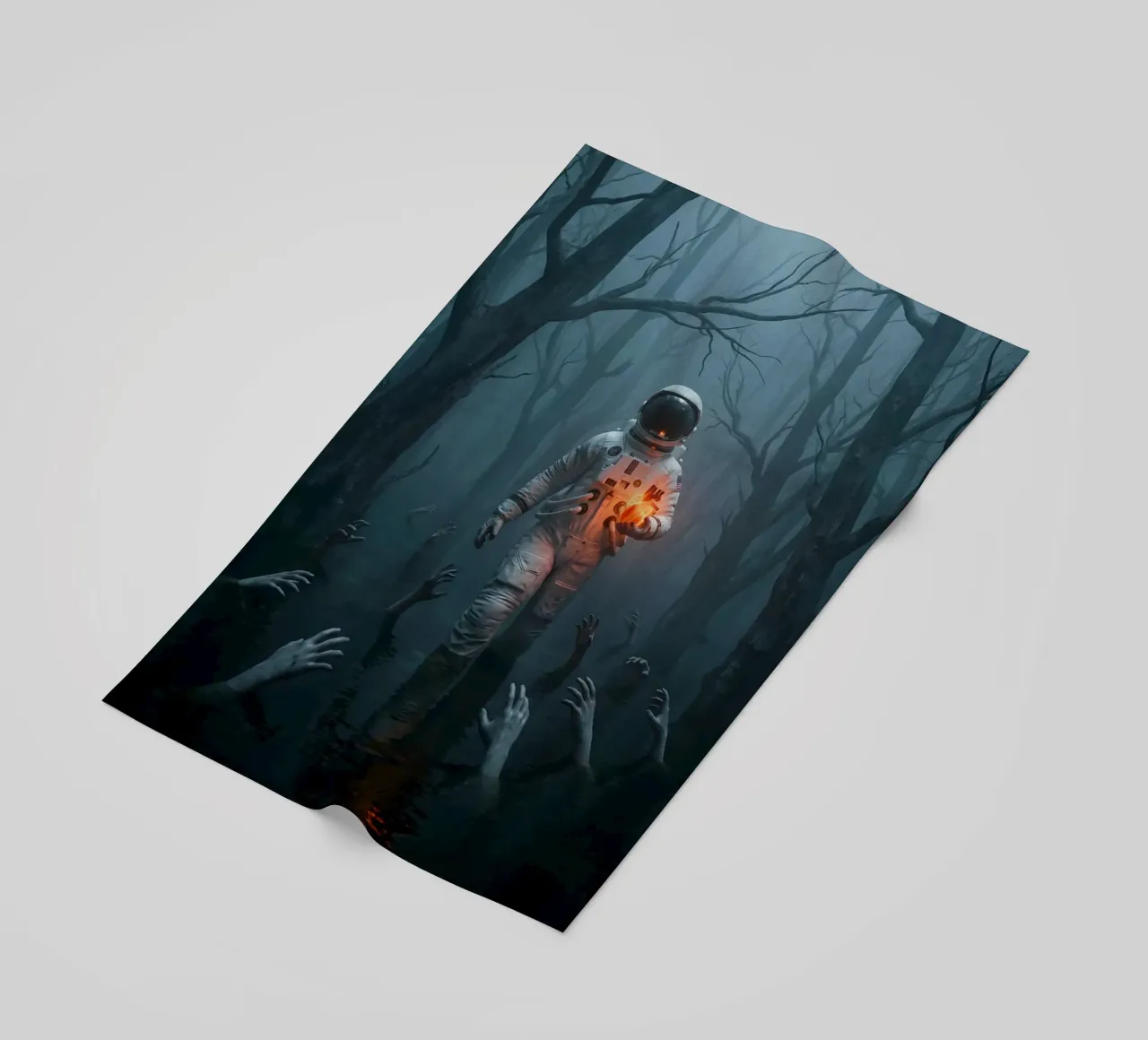 Astronauta in una foresta infestata con in mano un cuore luminoso telo mare da Cosmic Reverie Creations