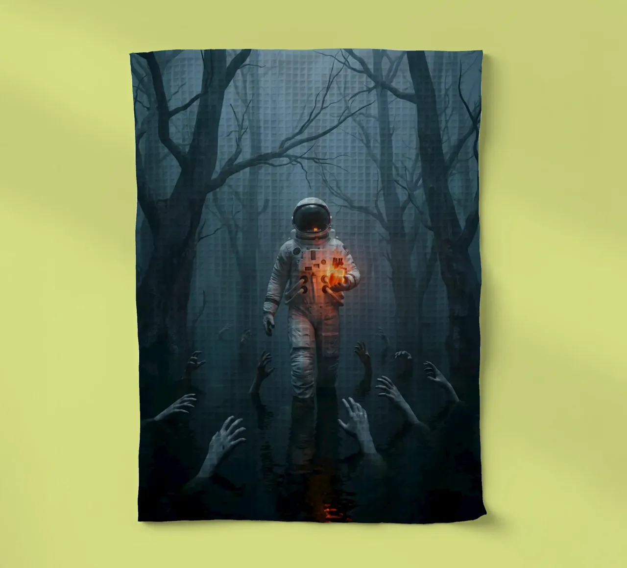 Astronauta in una foresta infestata con in mano un cuore luminoso canovaccio da cucina da Cosmic Reverie Creations