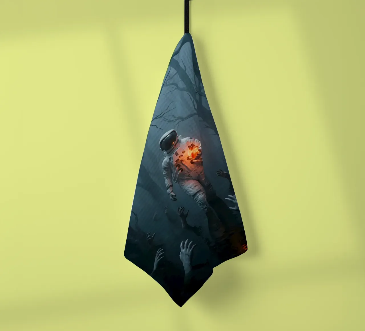 Astronaute dans une forêt hantée tenant un cœur lumineux torchon de Cosmic Reverie Creations