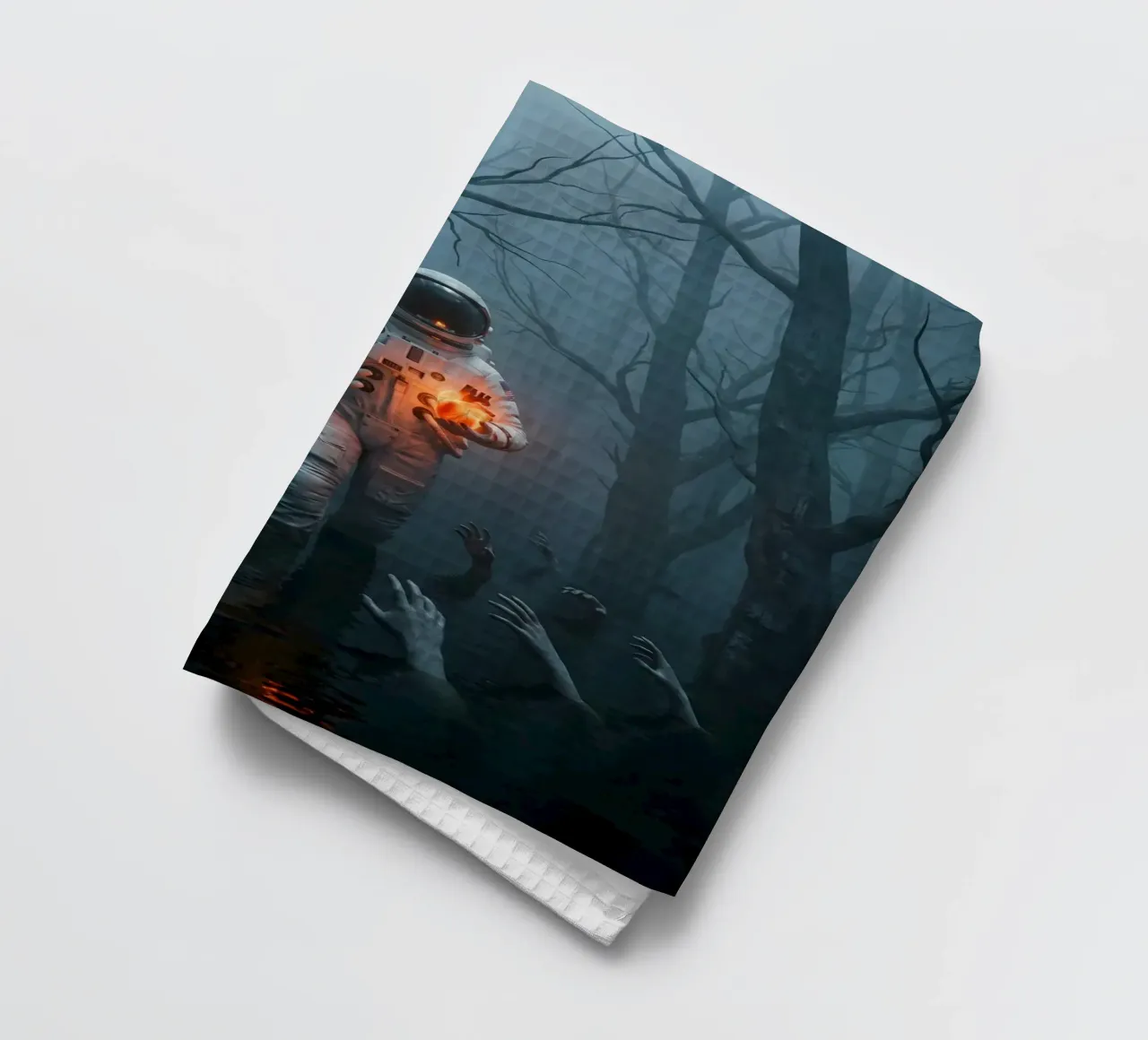 Astronaute dans une forêt hantée tenant un cœur lumineux torchon de Cosmic Reverie Creations