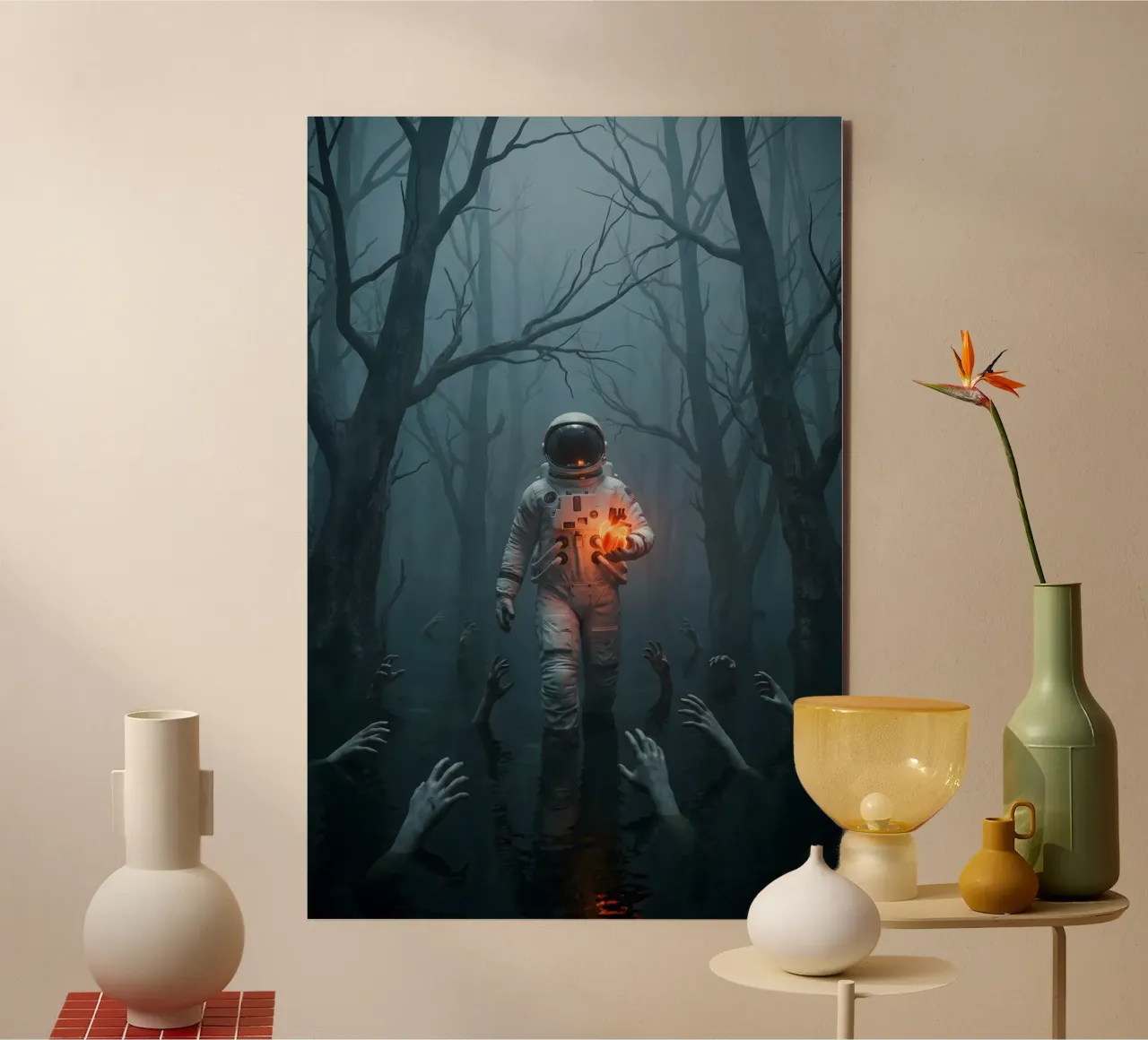 Astronauta in una foresta infestata con in mano un cuore luminoso alluminio dibond da Cosmic Reverie Creations