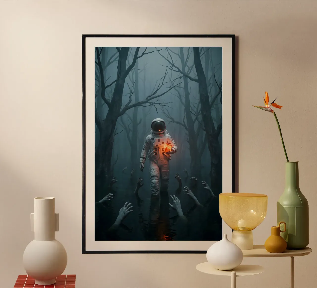 Astronauta in una foresta infestata con in mano un cuore luminoso carta hahnemühle da Cosmic Reverie Creations