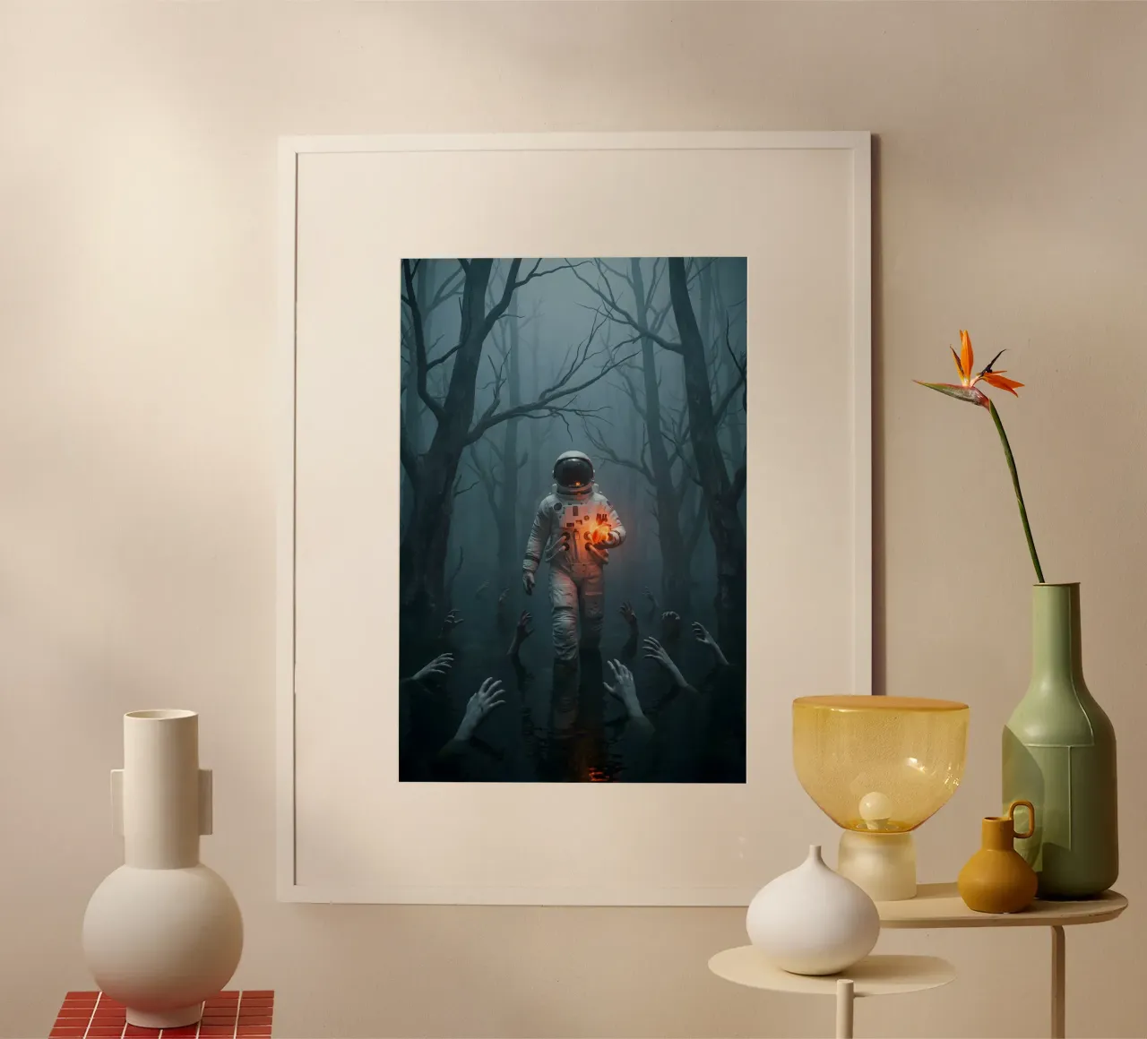 Astronauta in una foresta infestata con in mano un cuore luminoso carta hahnemühle da Cosmic Reverie Creations