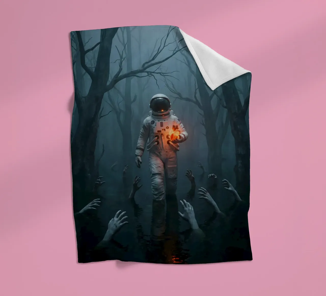 Astronauta in una foresta infestata con in mano un cuore luminoso coperta in pile da Cosmic Reverie Creations