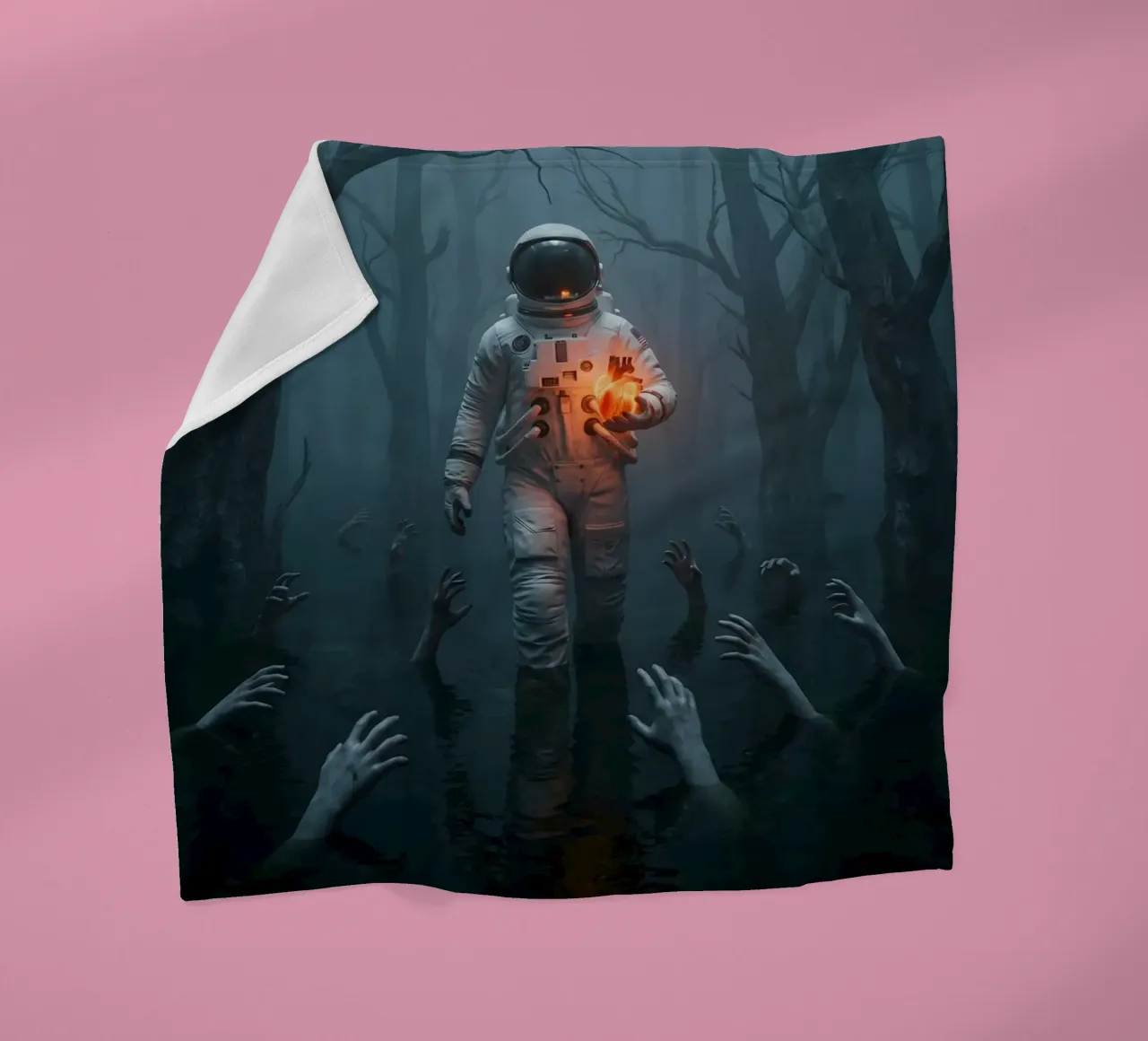 Astronauta in una foresta infestata con in mano un cuore luminoso coperta in pile da Cosmic Reverie Creations