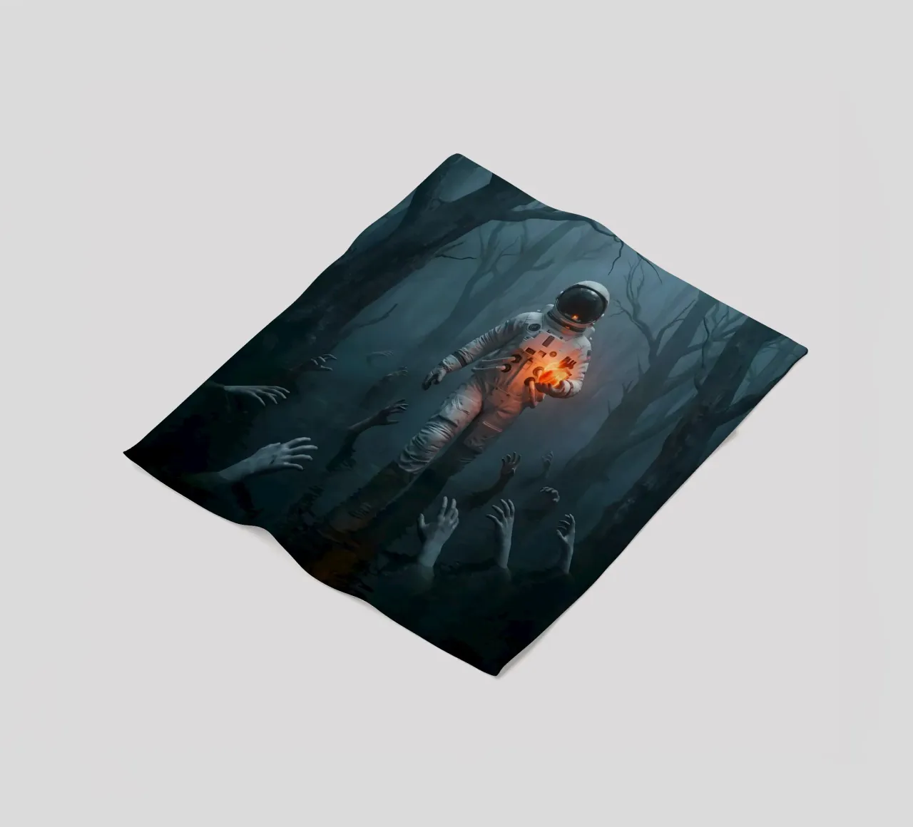 Astronauta in una foresta infestata con in mano un cuore luminoso coperta in pile da Cosmic Reverie Creations