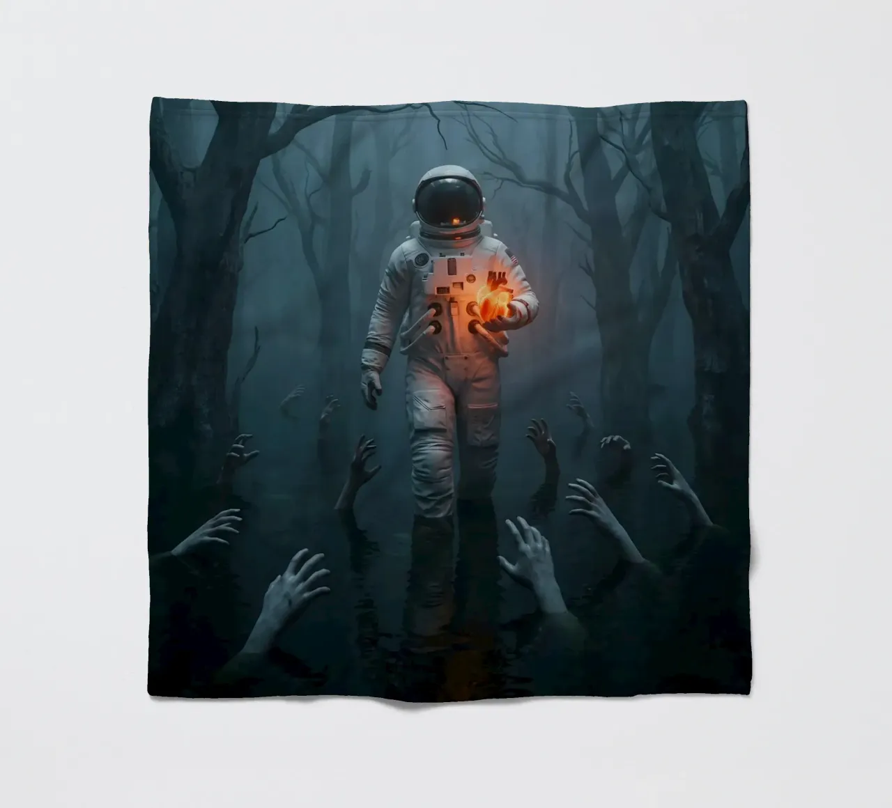 Astronauta in una foresta infestata con in mano un cuore luminoso coperta in pile da Cosmic Reverie Creations