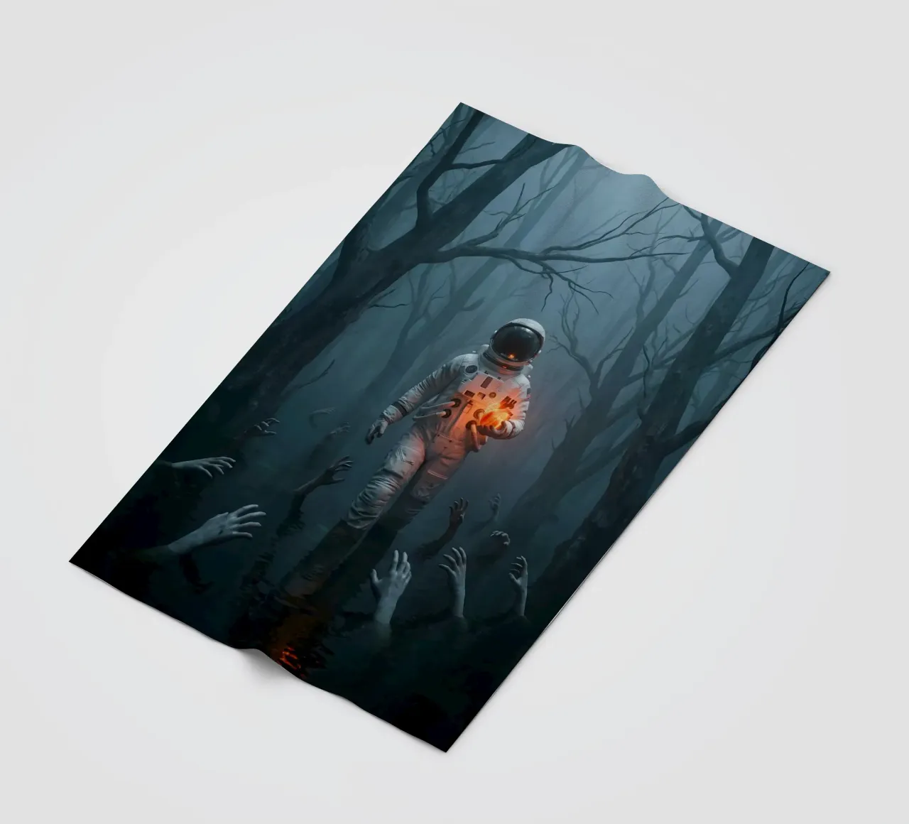 Astronauta in una foresta infestata con in mano un cuore luminoso coperta in pile da Cosmic Reverie Creations