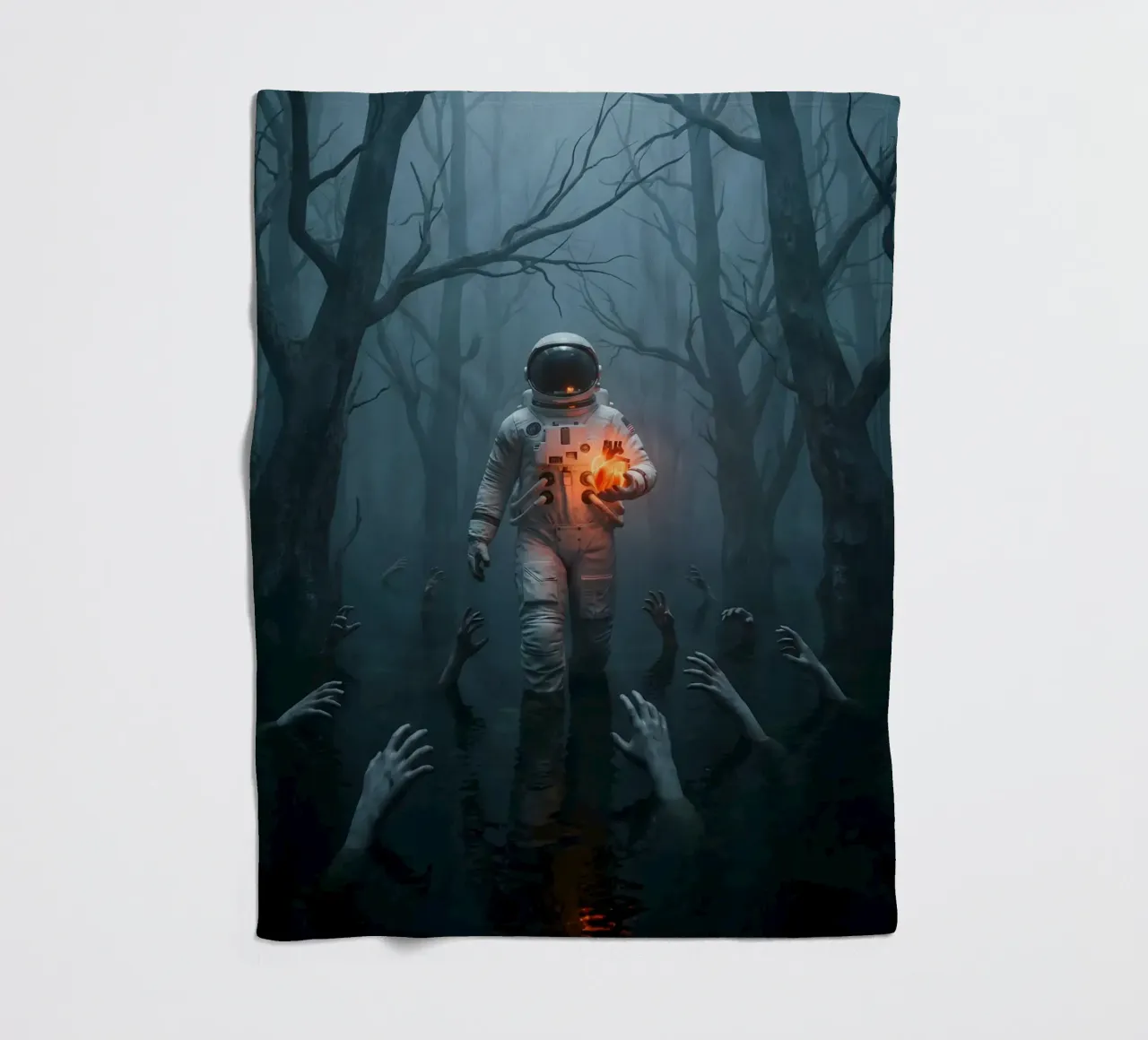 Astronauta in una foresta infestata con in mano un cuore luminoso coperta in pile da Cosmic Reverie Creations