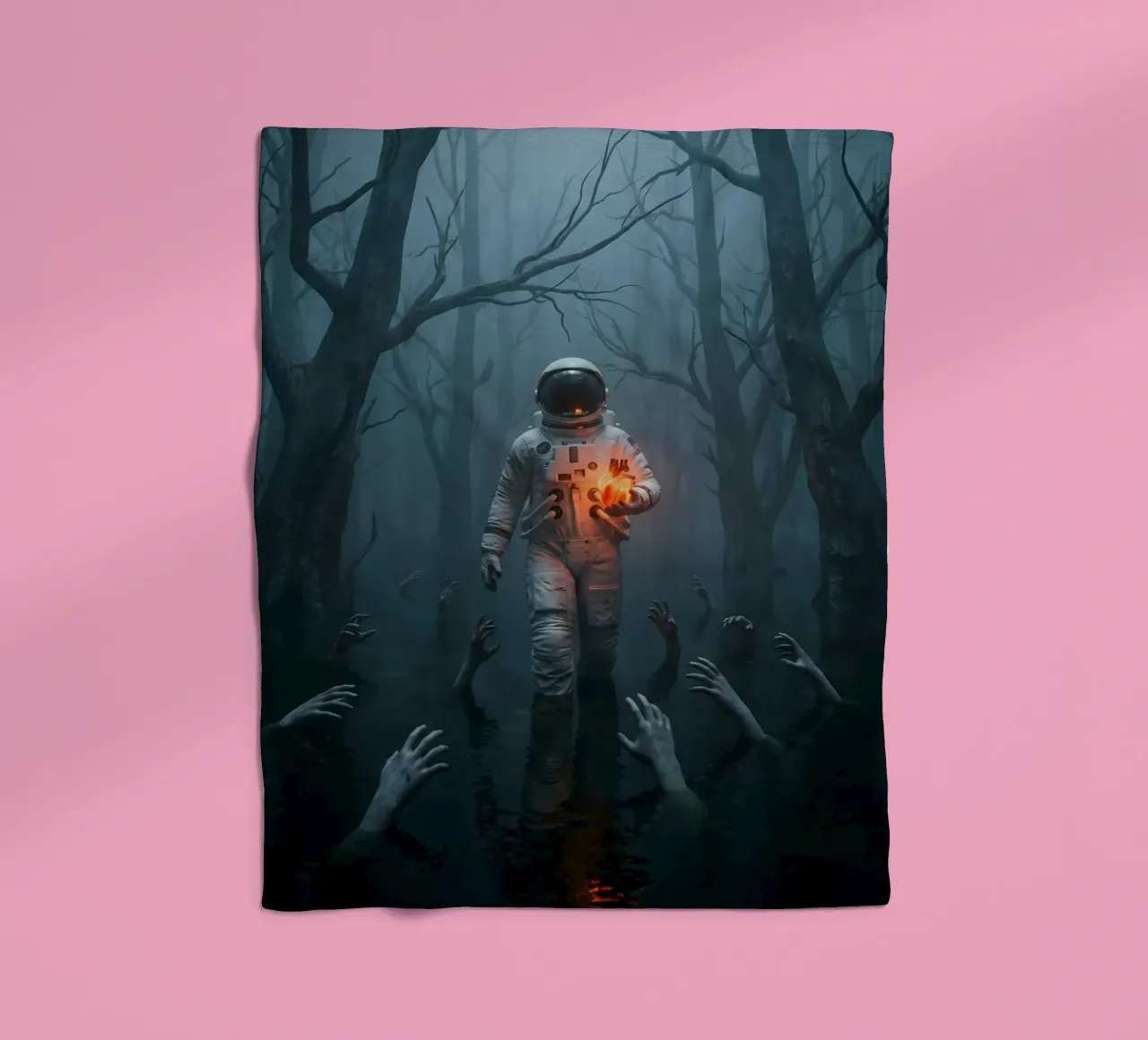 Astronauta in una foresta infestata con in mano un cuore luminoso coperta in pile da Cosmic Reverie Creations