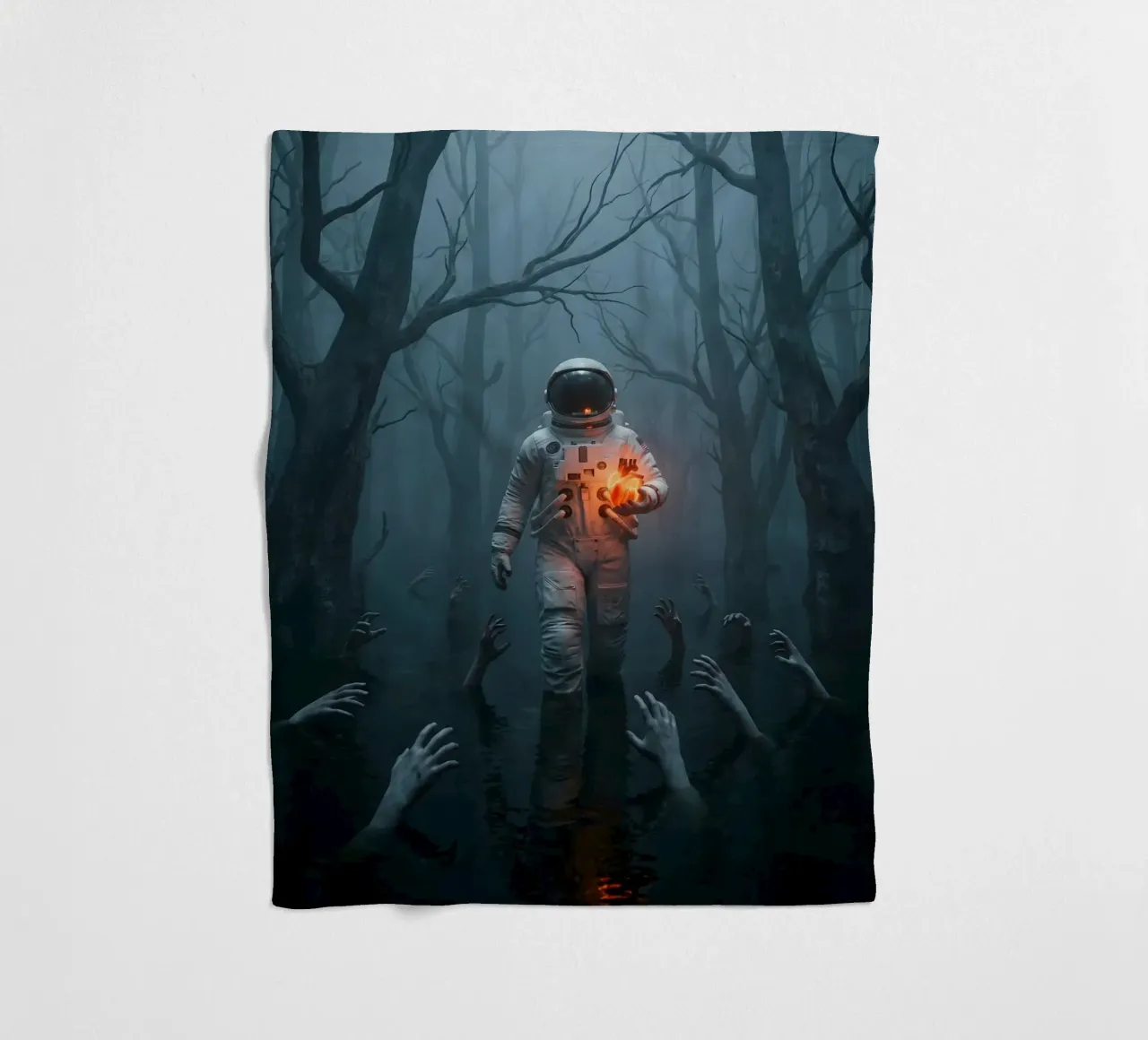 Astronauta in una foresta infestata con in mano un cuore luminoso coperta in pile da Cosmic Reverie Creations