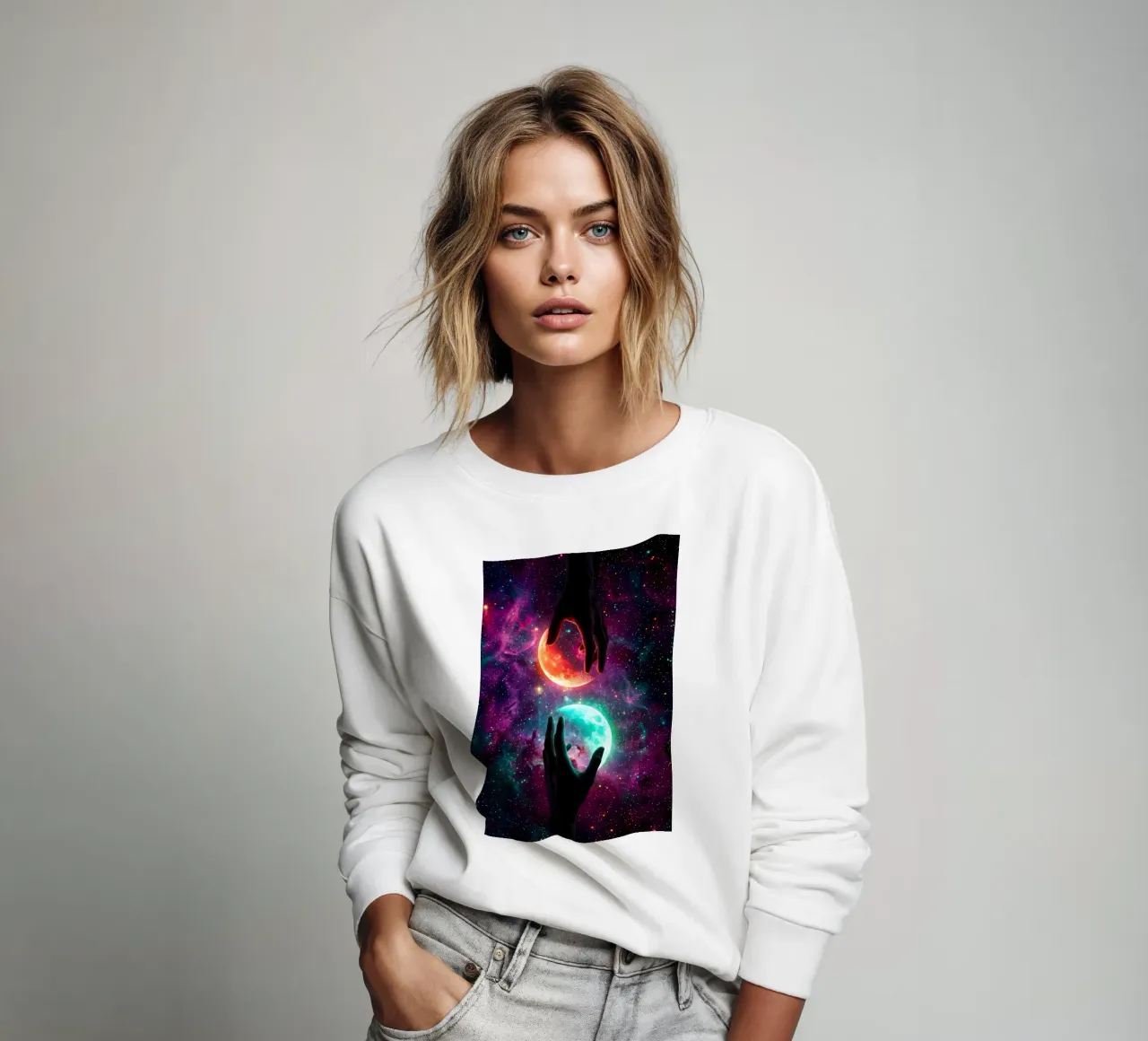 Handen die tweelingmanen vasthouden in kleurrijke kosmische ruimte sweatshirt van Cosmic Reverie Creations