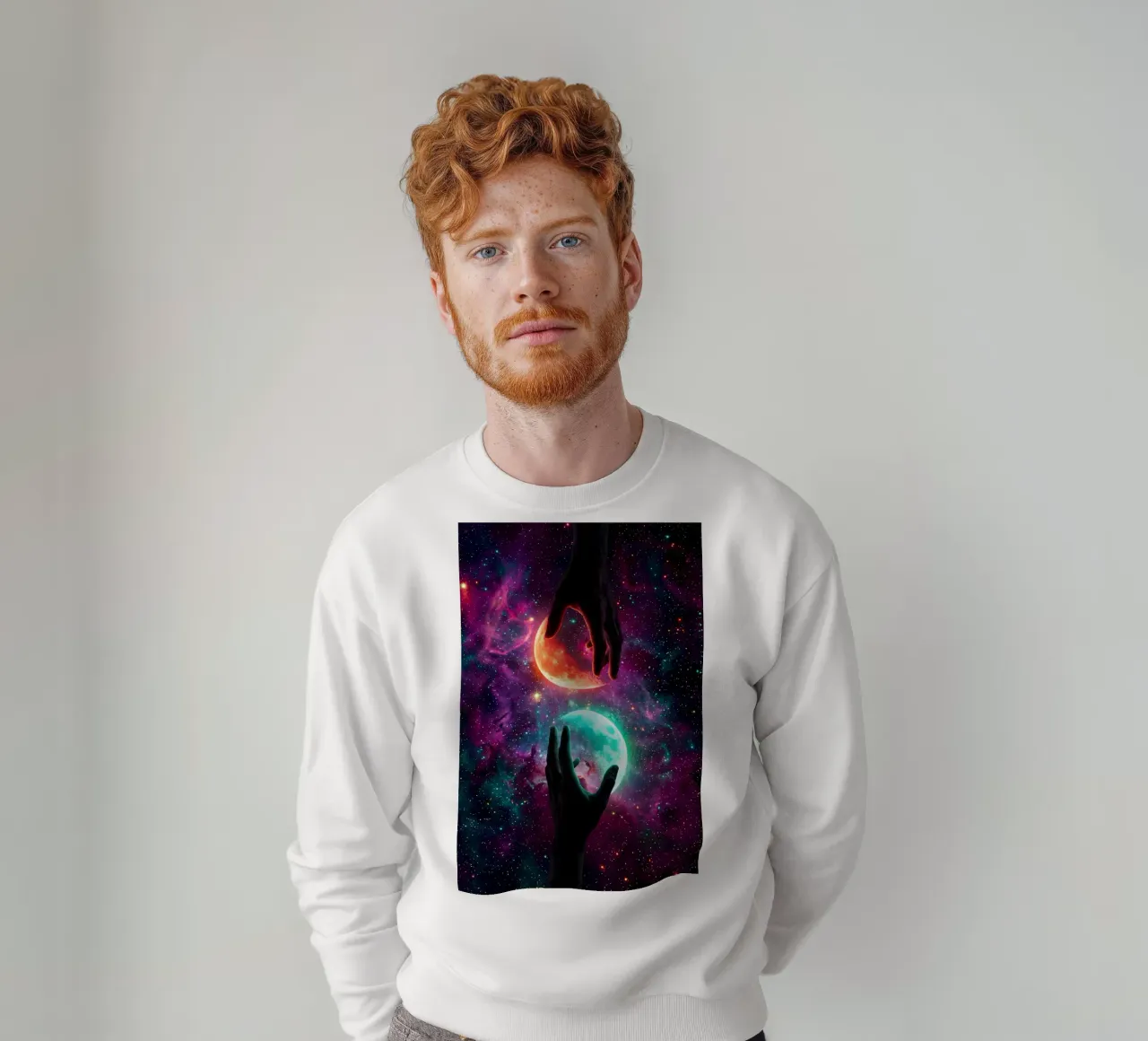Handen die tweelingmanen vasthouden in kleurrijke kosmische ruimte sweatshirt van Cosmic Reverie Creations
