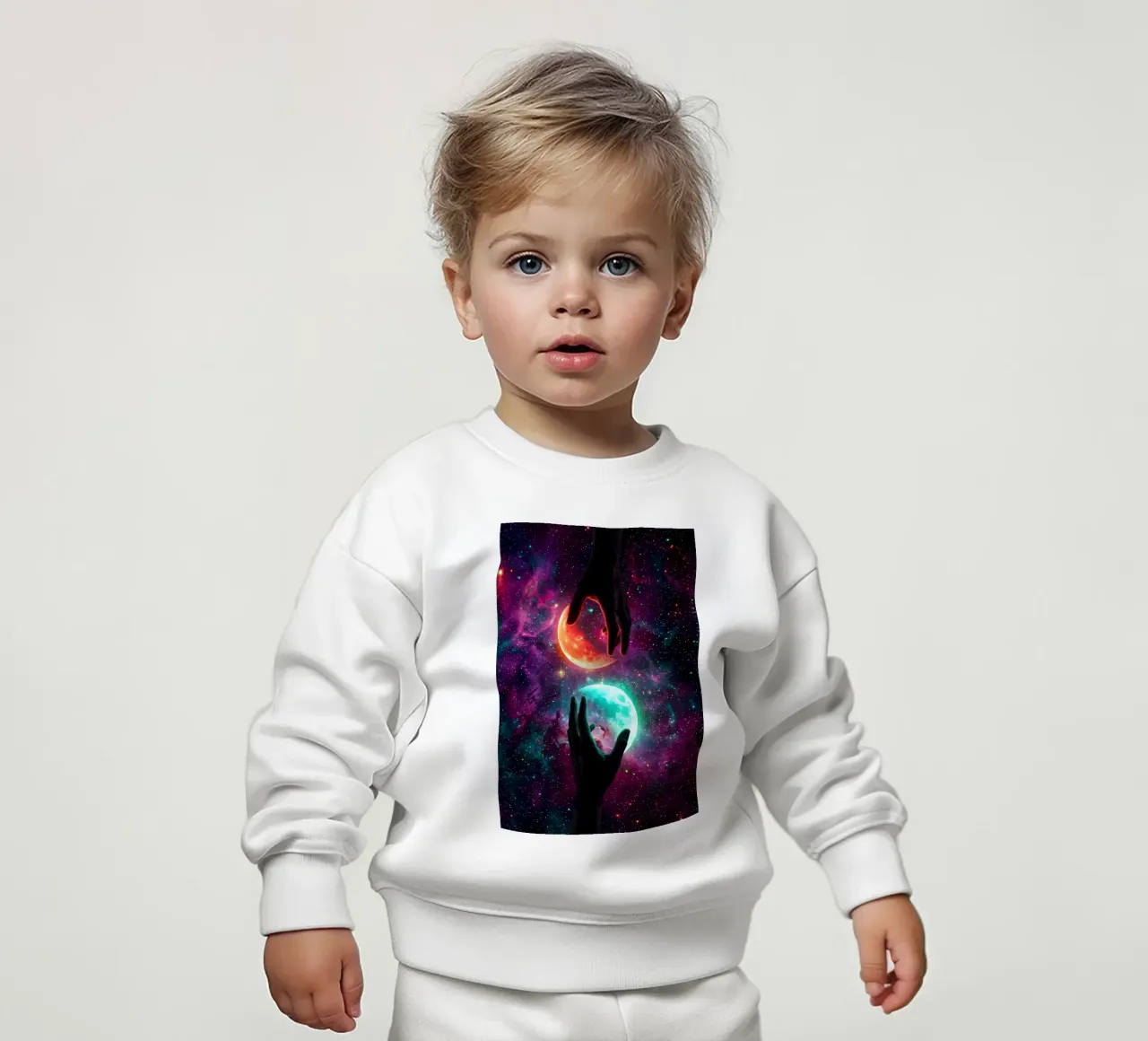 Mani che sorreggono due lune gemelle nello spazio cosmico colorato felpa neonato da Cosmic Reverie Creations