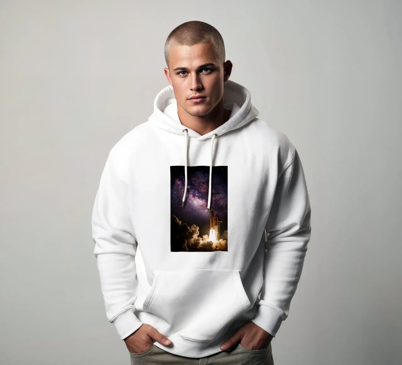 Lancio stellare - Razzo in ascesa verso la Via Lattea felpa con cappuccio da Cosmic Reverie Creations