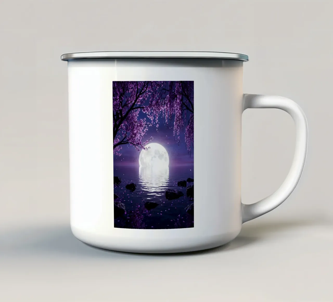 Moonlit Sakura - Fiori di ciliegio viola sull'acqua tazza in smalto da Cosmic Reverie Creations