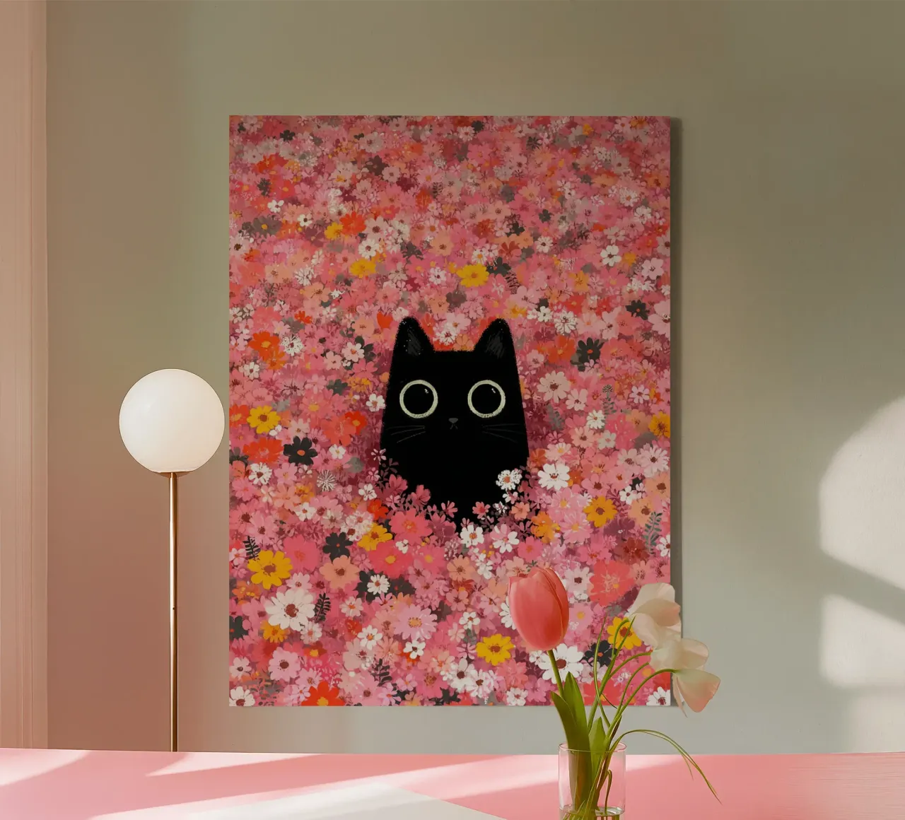 Midnight Whiskers in a Garden of Blossoms canvas by wonderfolk