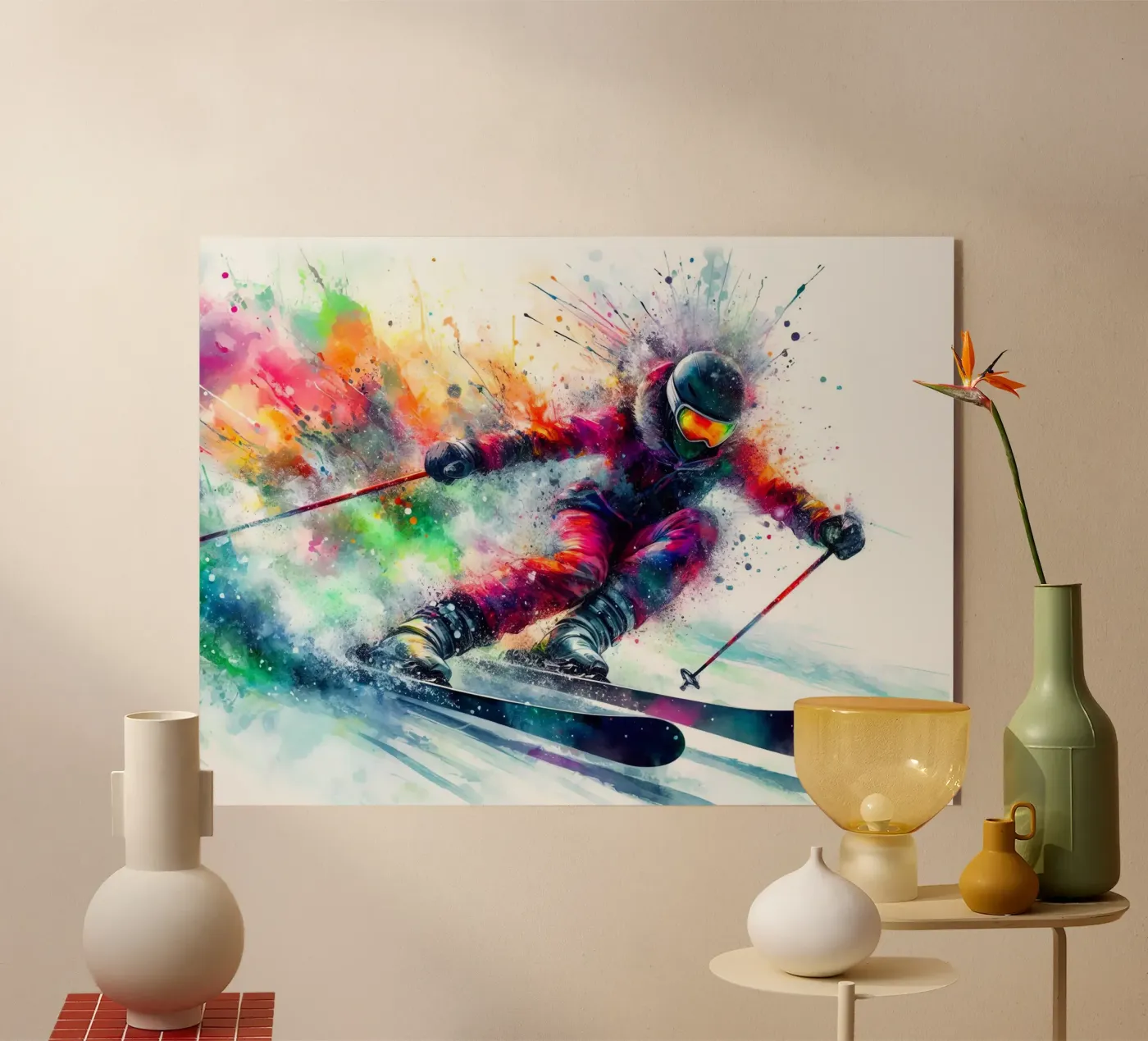 Sciatore acquerellato plexiglass da SportBrush Studio